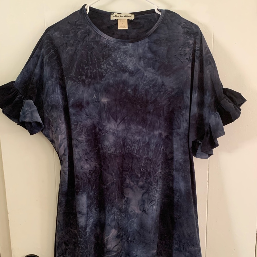 Large blue shirt with ruffled sleeves